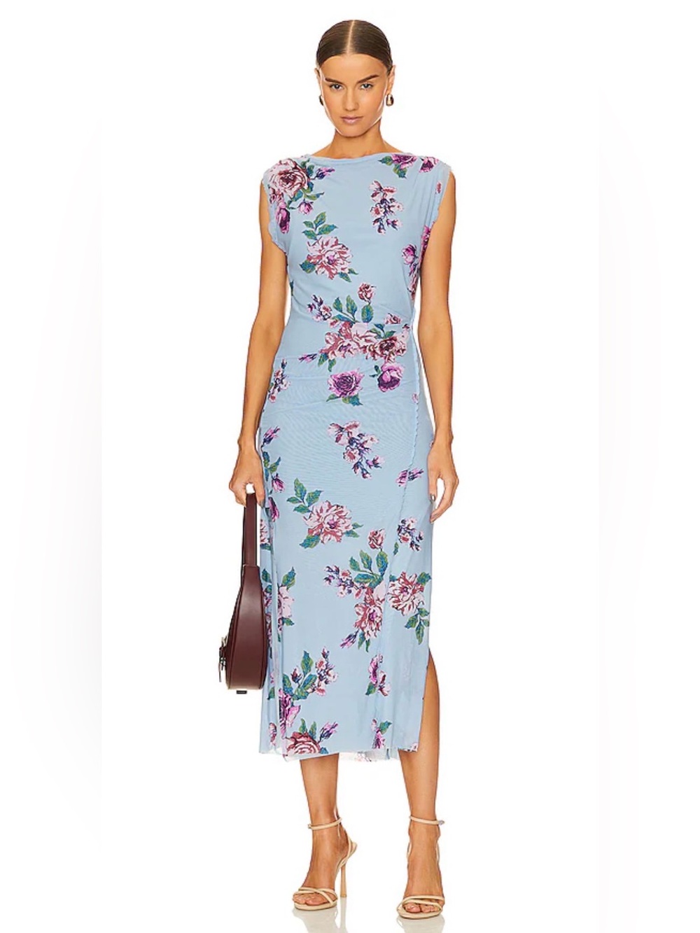 Free People Carmel Nylon Blue Multicolor Floral Print Sleeveless Midi Dress
